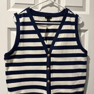 NWT - Ann Taylor Button Up V-Neck Sweater Vest - Navy & White Stripe - Sz Large